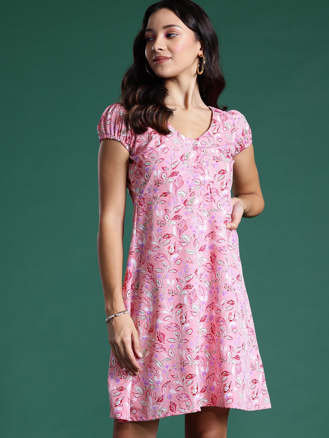 

DressBerry Floral Print Puff Sleeves A-Line Dress, Pink