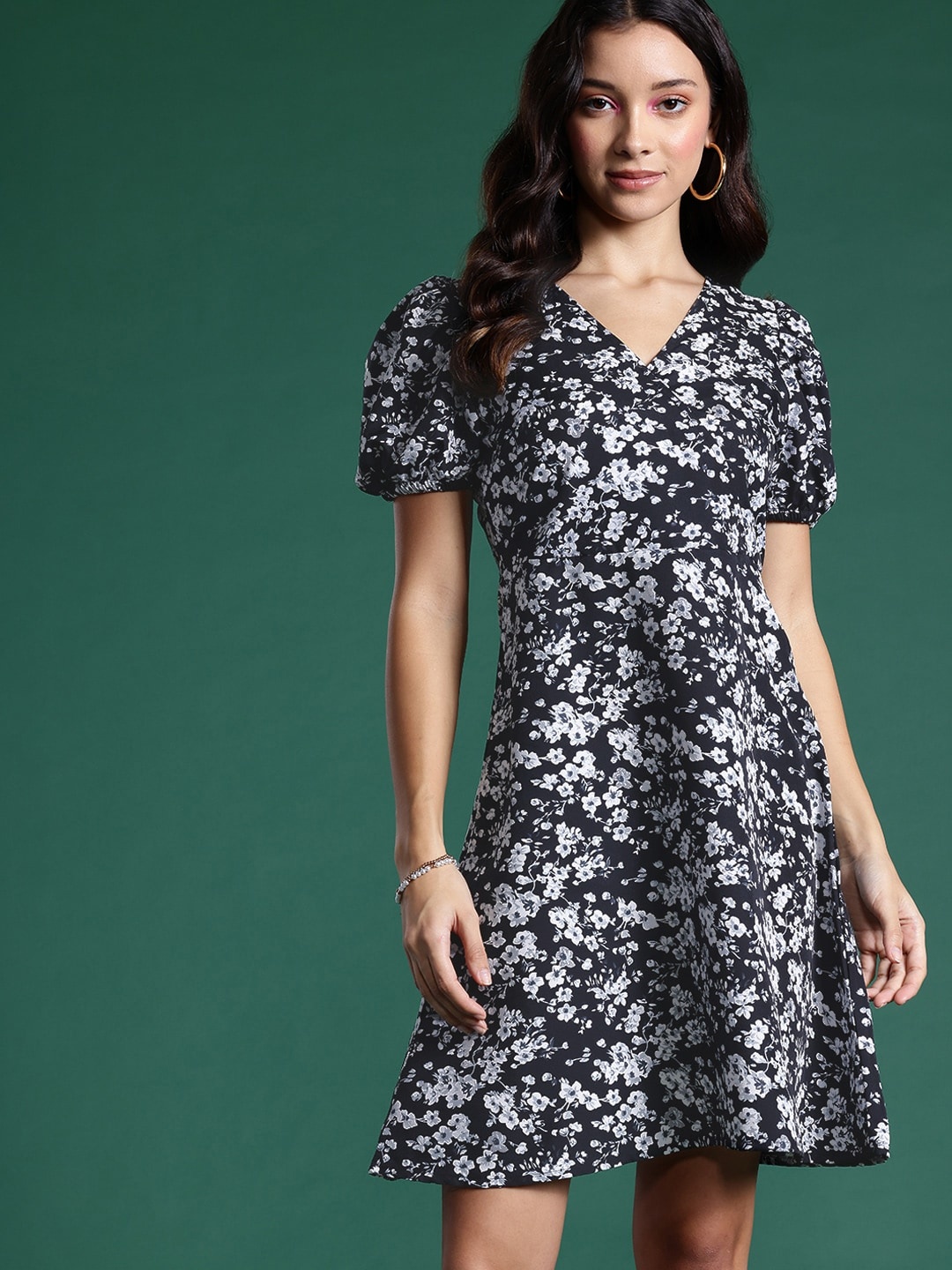 

DressBerry Floral Print Puff Sleeves A-Line Dress, Black