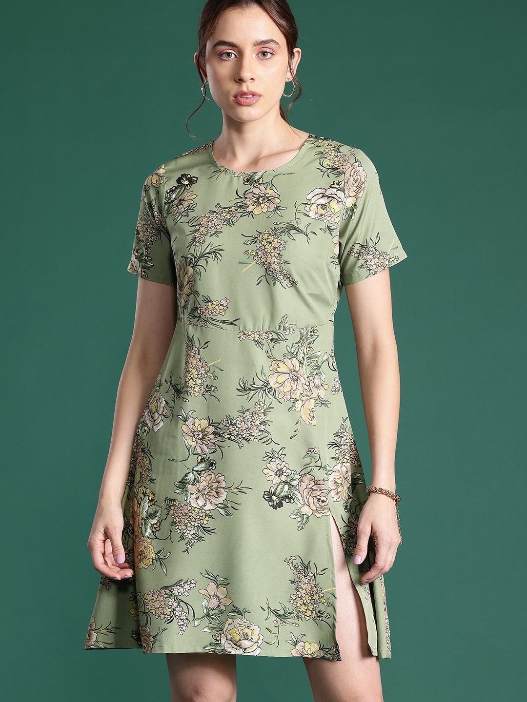 

DressBerry Floral Printed A-Line Mini Dress, Green