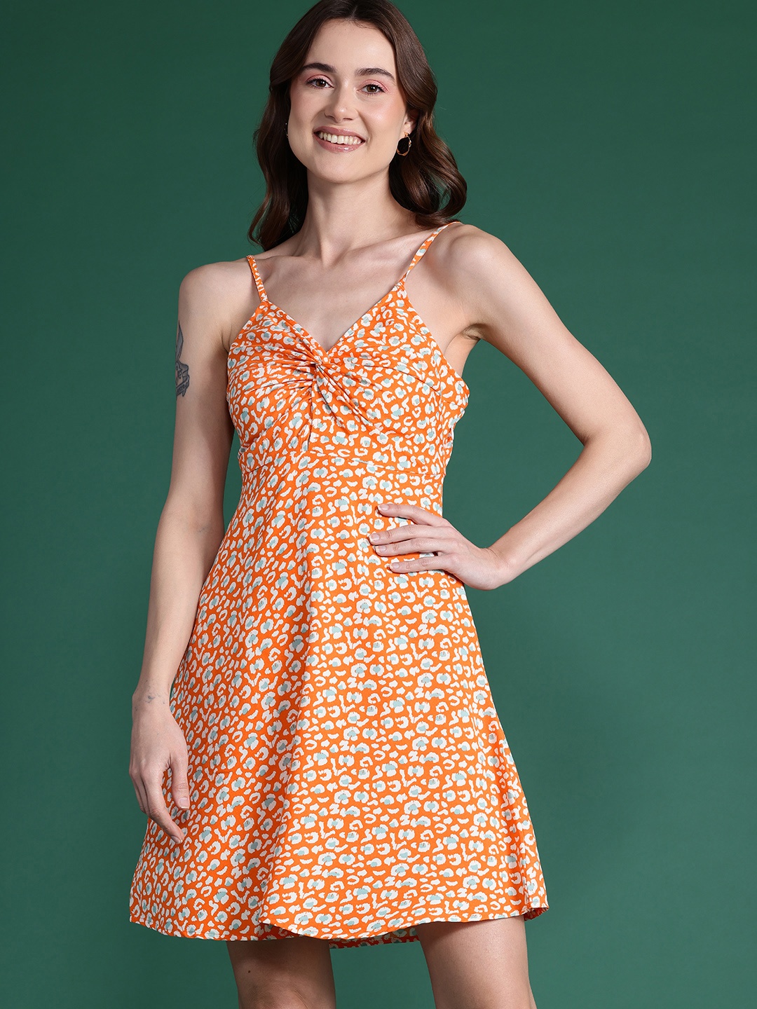 

DressBerry Twisted Printed A-Line Mini Dress, Orange