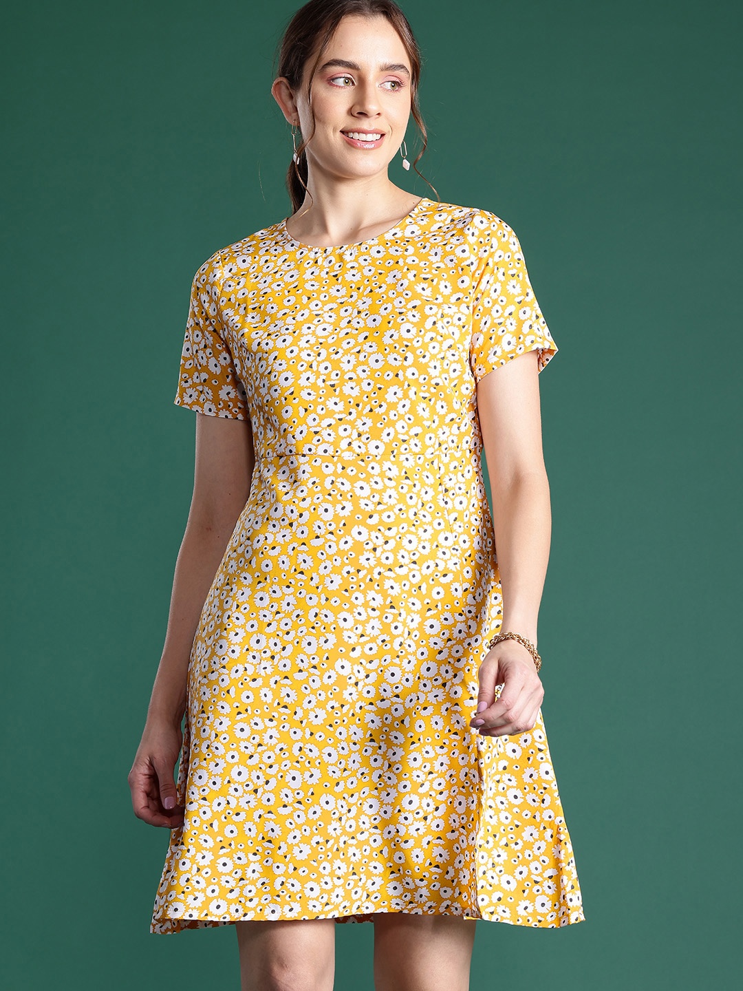

DressBerry Printed A-Line Mini Dress, Yellow