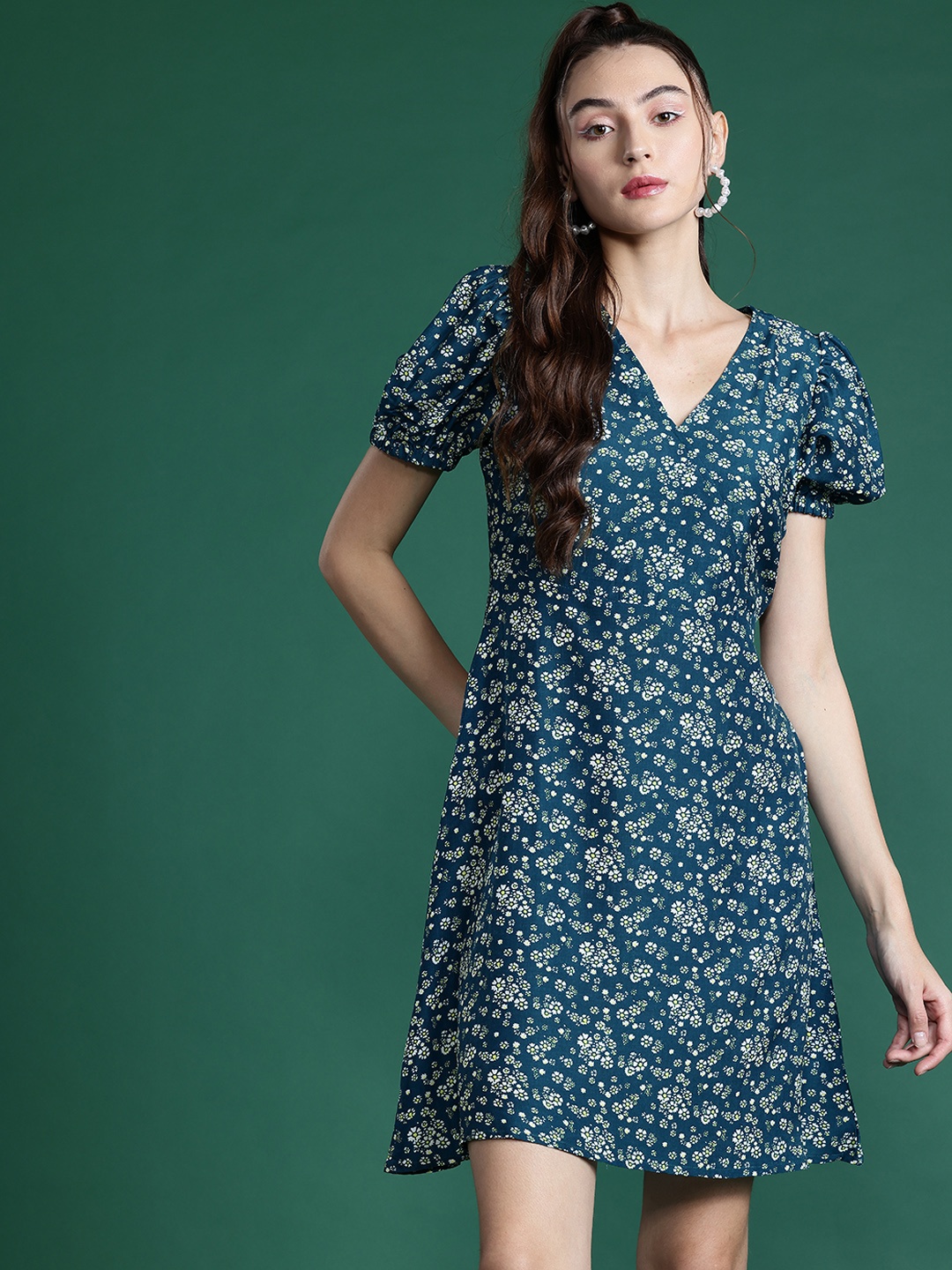 

DressBerry Floral Print Puff Sleeve Fit & Flare Dress, Teal