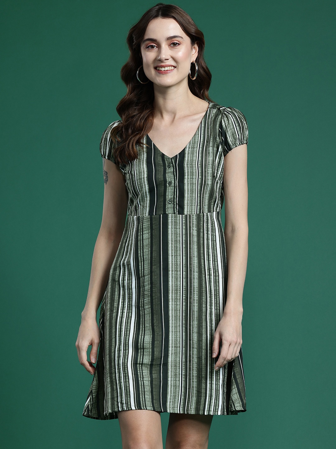 

DressBerry Striped A-Line Mini Dress, Green