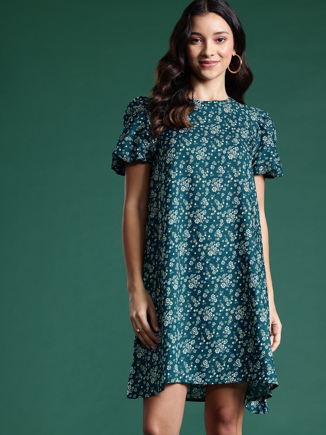

DressBerry Floral Print Puff Sleeves A-Line Dress, Teal
