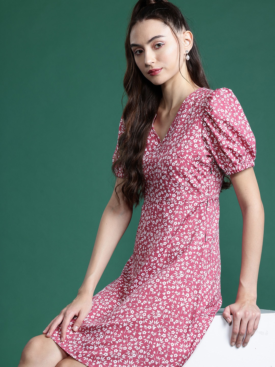 

DressBerry Floral Print Puff Sleeve Fit & Flare Dress, Pink