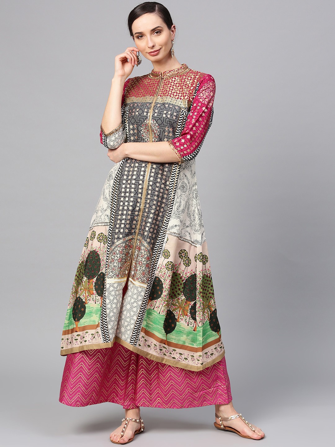 

WISHFUL by W Women Charcoal Grey & Magenta Printed A-line Kurta