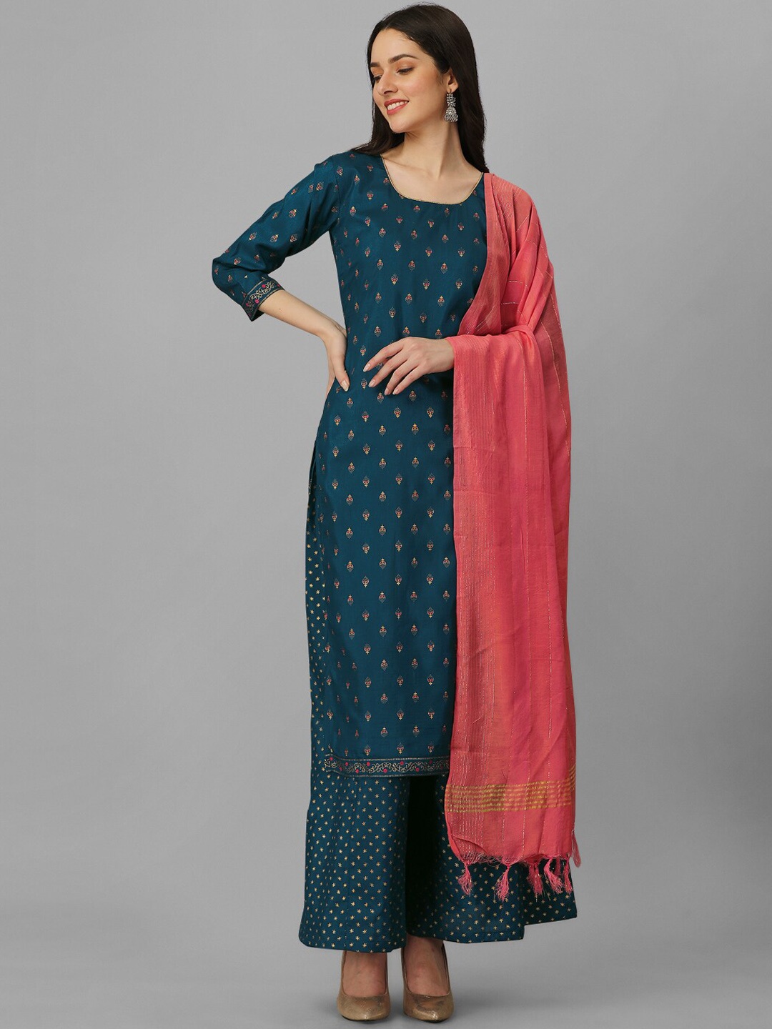 

Nivah Fashion Ethnic Motifs Printed Zari Kurta With Palazzos & Dupatta, Teal