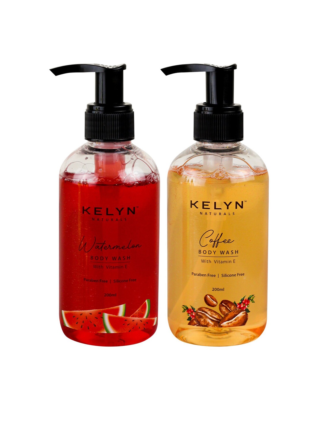 

KELYN Naturals Set Of 2 Body Wash With Vitamin E - Watermelon & Coffee - 200ml Each, Red