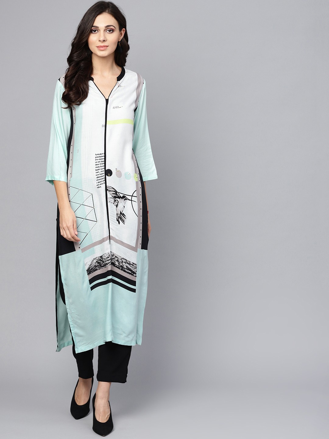 

W Women Blue & Black Quirky Print Straight Kurta