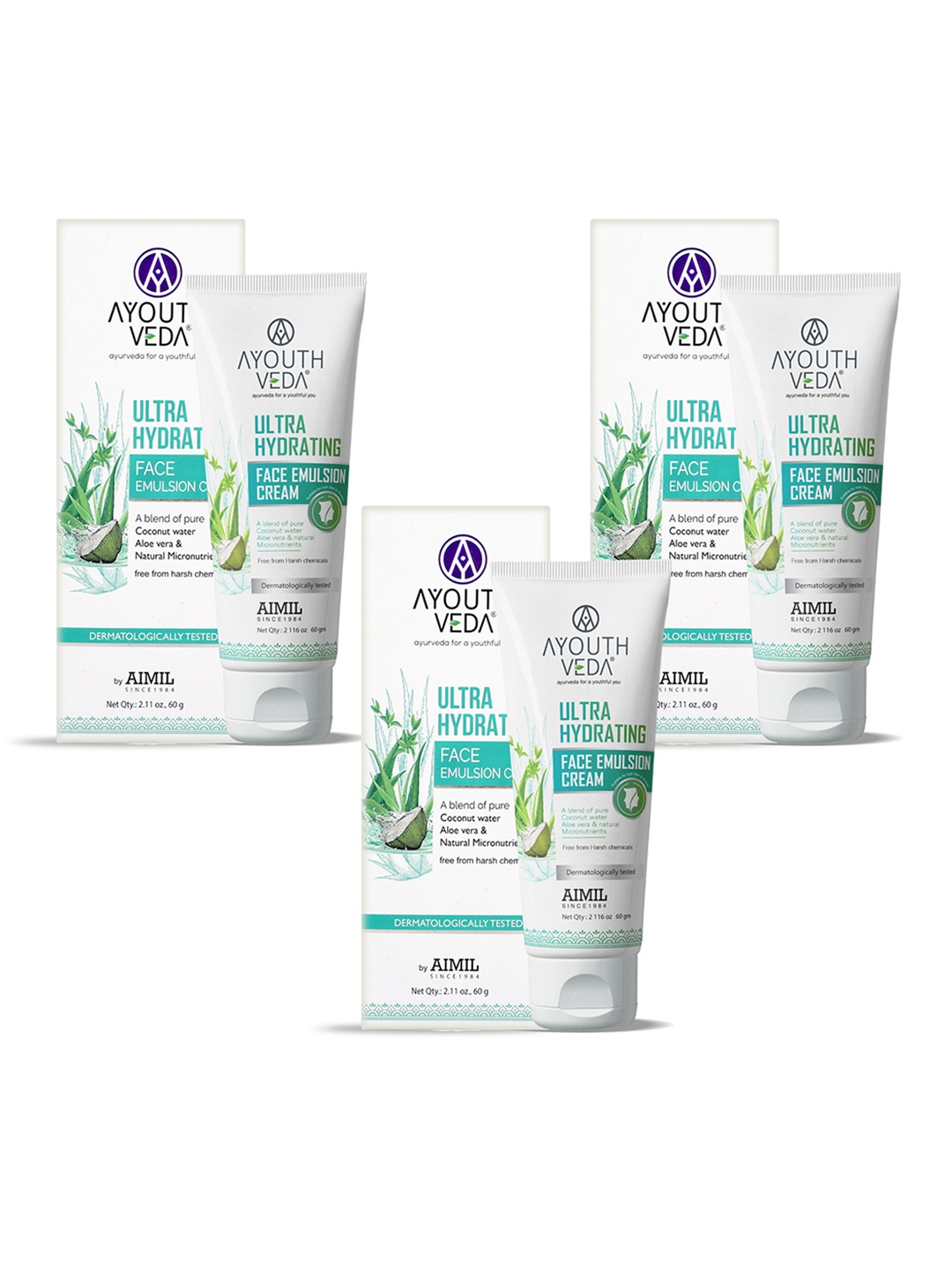 

AYOUTHVEDA Set Of 2 Coconut Water+Aloe Vera Ultra Hydrating Face Emulsion Cream - 60g Each, White