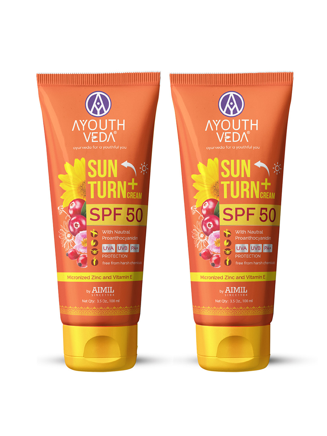 

AYOUTHVEDA Sun Turn Set Of 2 Cream SPF 50 with UVA - UVB & PA++ Protection - 100g Each, Yellow