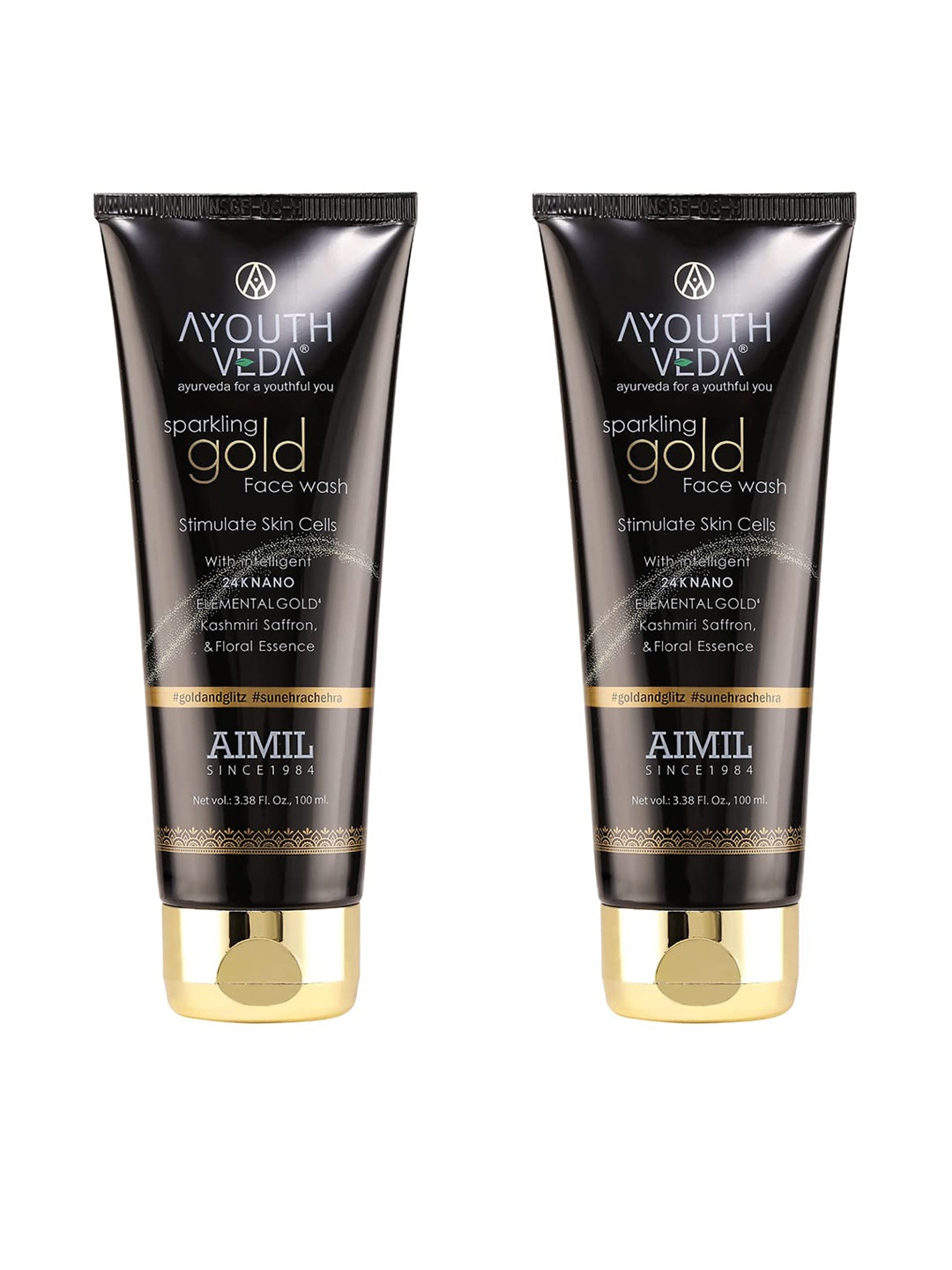 

AYOUTHVEDA Set of 2 Sparkling 24K Nano Elemental Gold Face Wash with Saffron - 100 ml each, Black