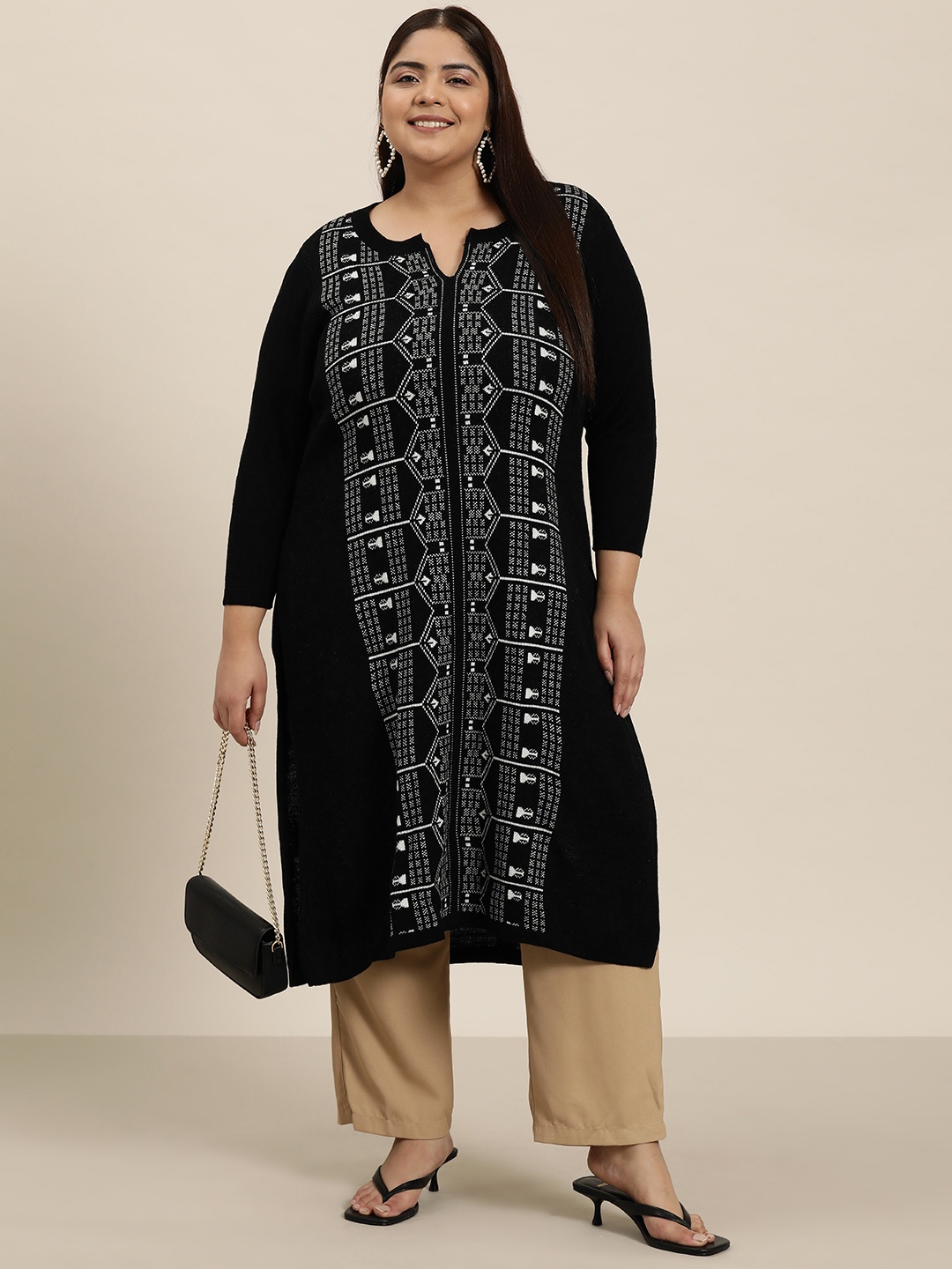 

Sztori Plus Size Acrylic Ethnic Motifs Kurta, Black