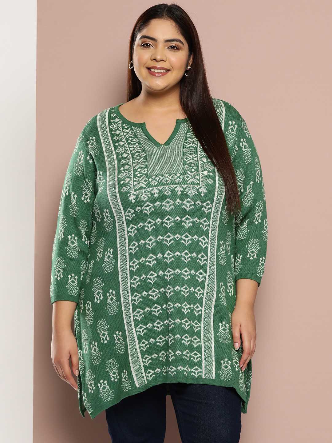 

Sztori Plus Size Knitted Ethnic Motifs Winter Kurta, Green
