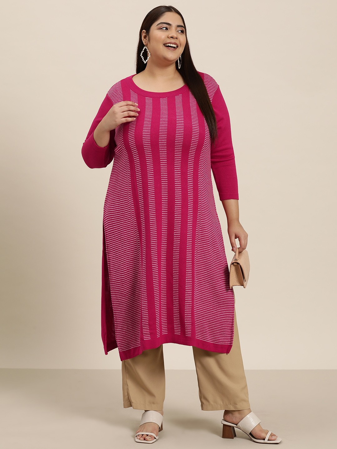 

Sztori Plus Size Acrylic Striped Kurta, Fuchsia