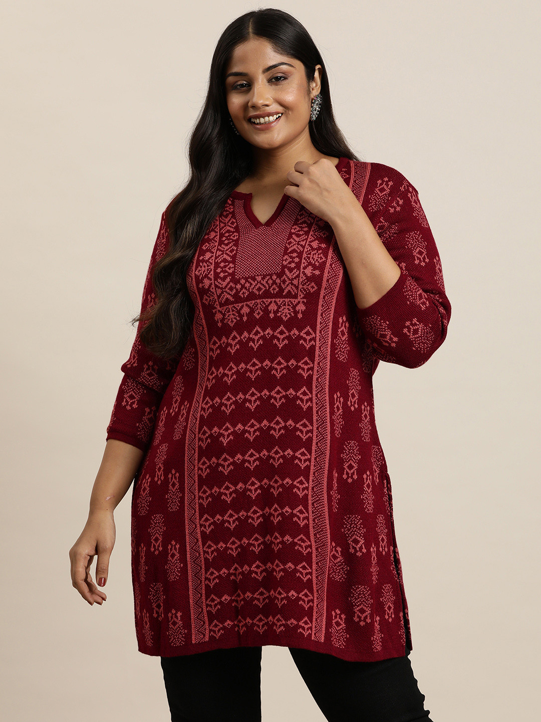 

Sztori Plus Size Woven Designed Above Knee Winter Kurta, Maroon