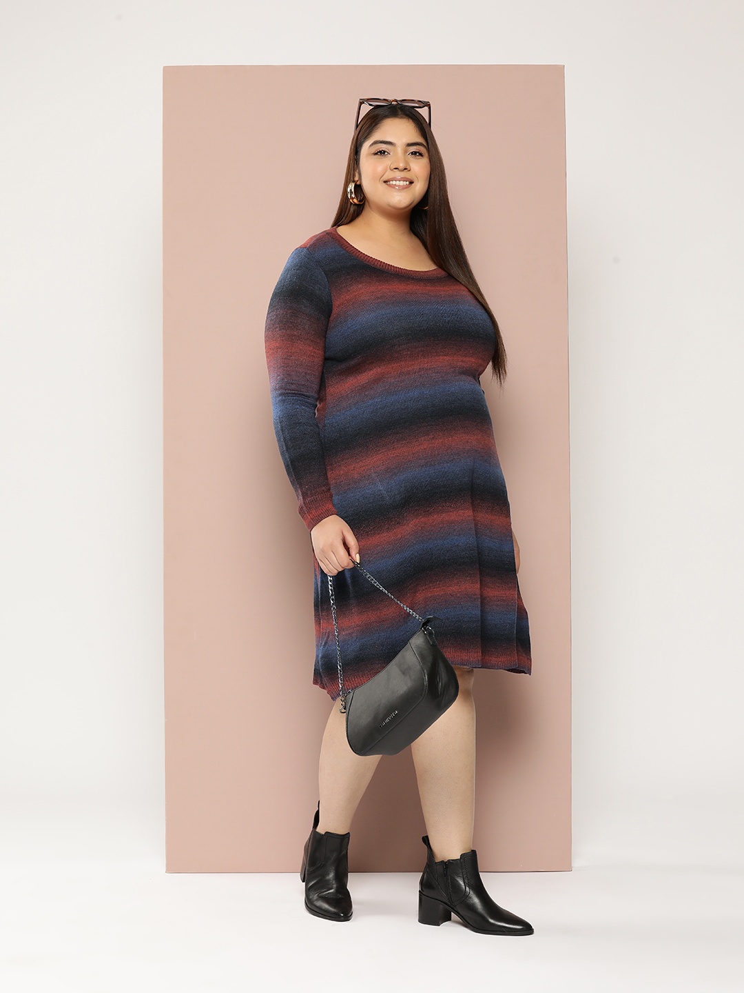 

Sztori Plus Size Acrylic Striped Winter Dress, Rust
