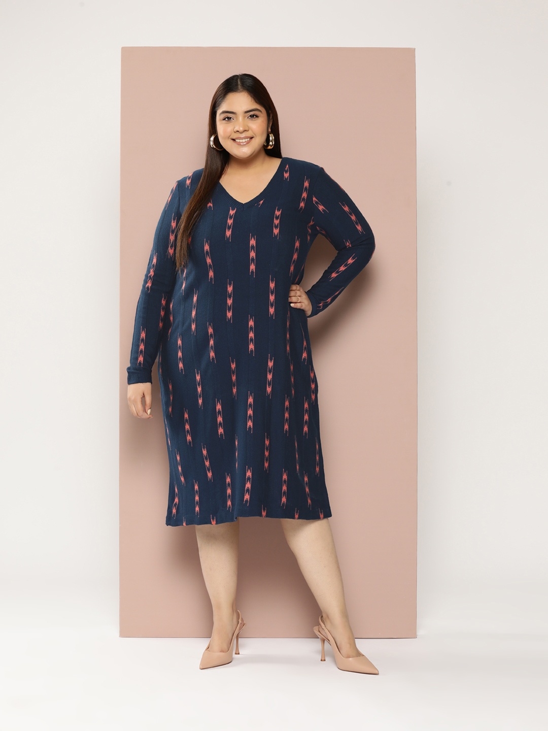 

Sztori Plus Size Geometric Woven Design Knitted A-Line Midi Acrylic Dress, Navy blue