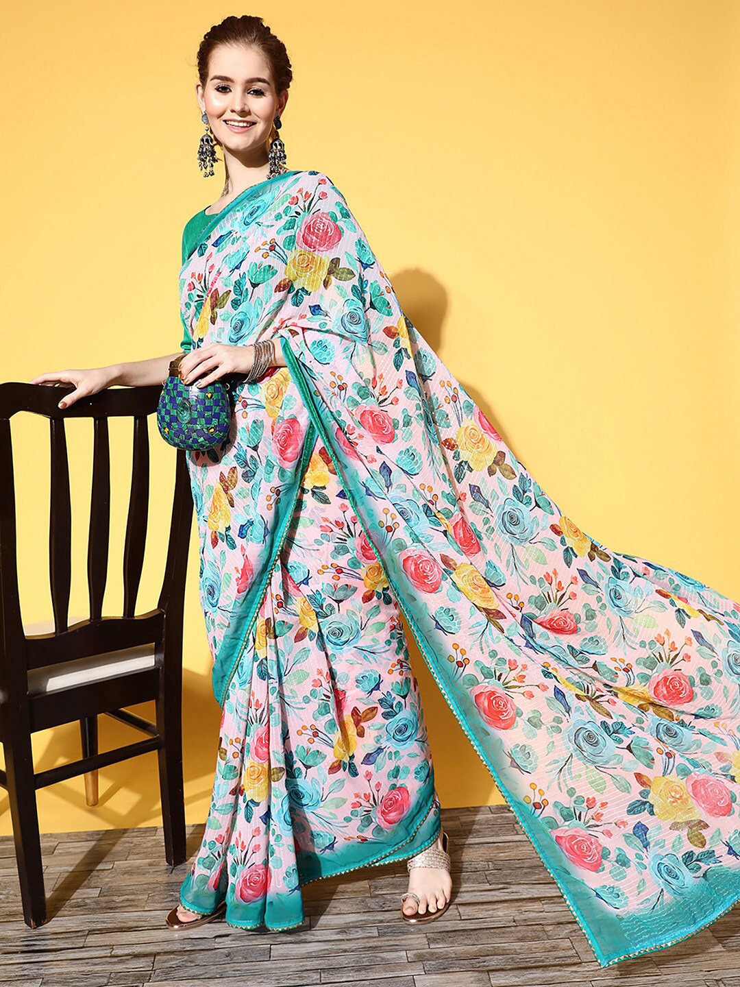 

Saree mall White & Green Floral Printed Pure Georgette Saree