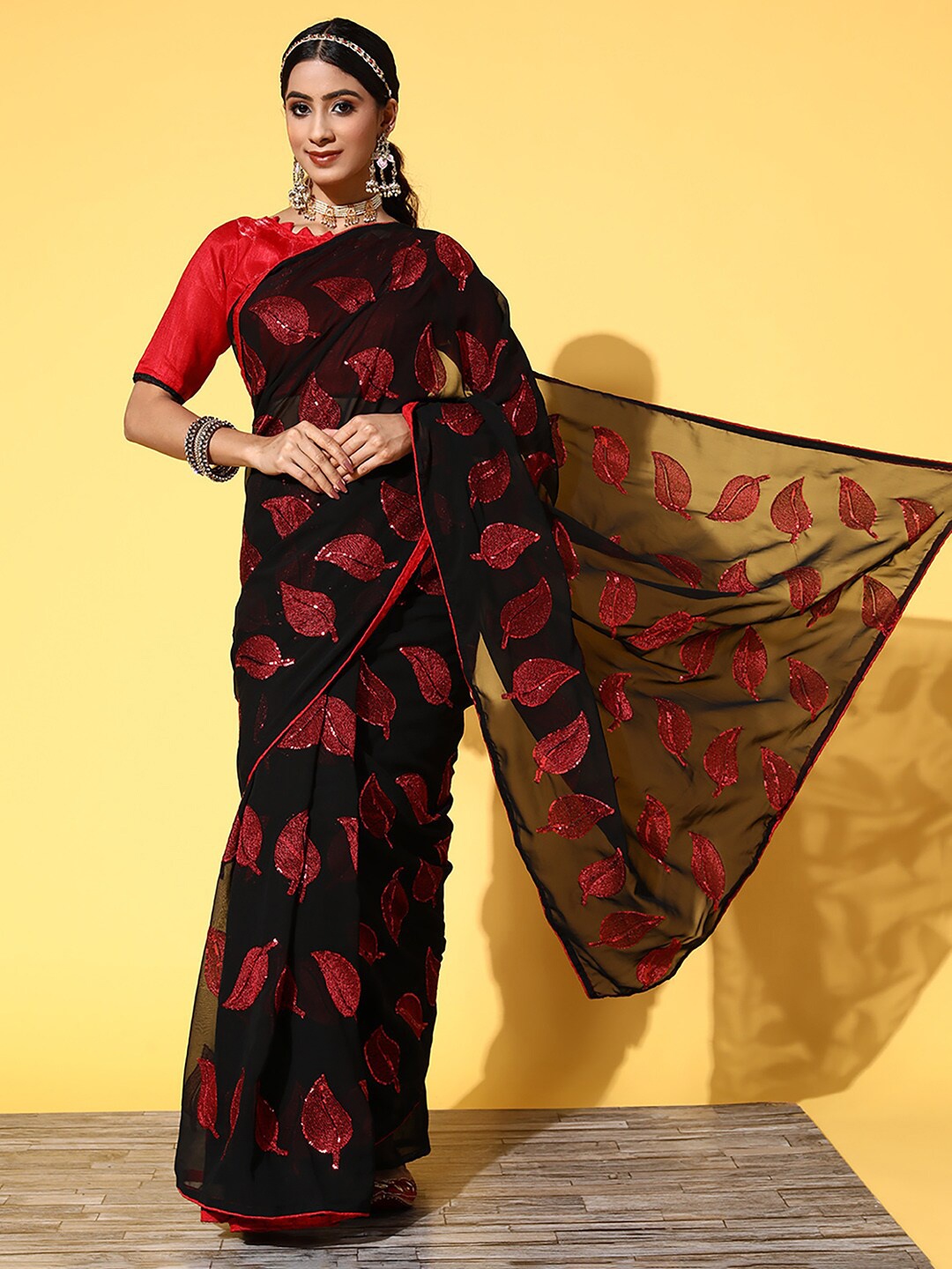 

Saree mall Floral Embellished Pure Georgette Sarees, Black