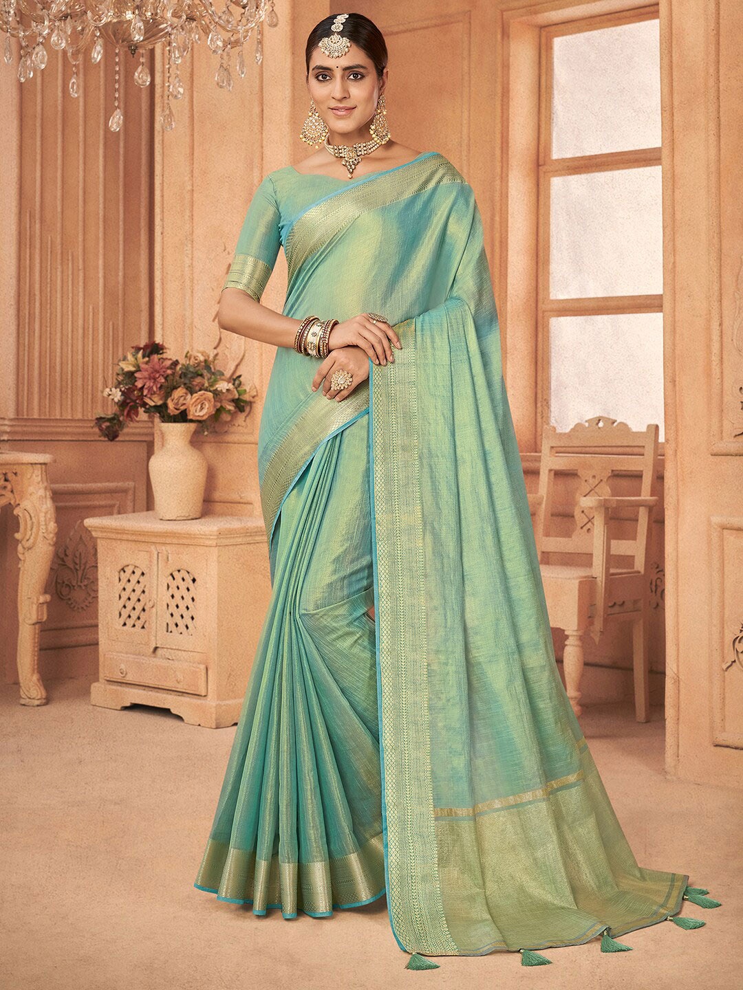 

Saree mall Zari Tissue Banarasi Sarees, Sea green