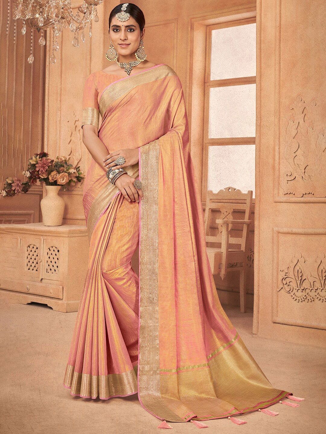 

Saree mall Zari Tissue Banarasi Sarees, Peach