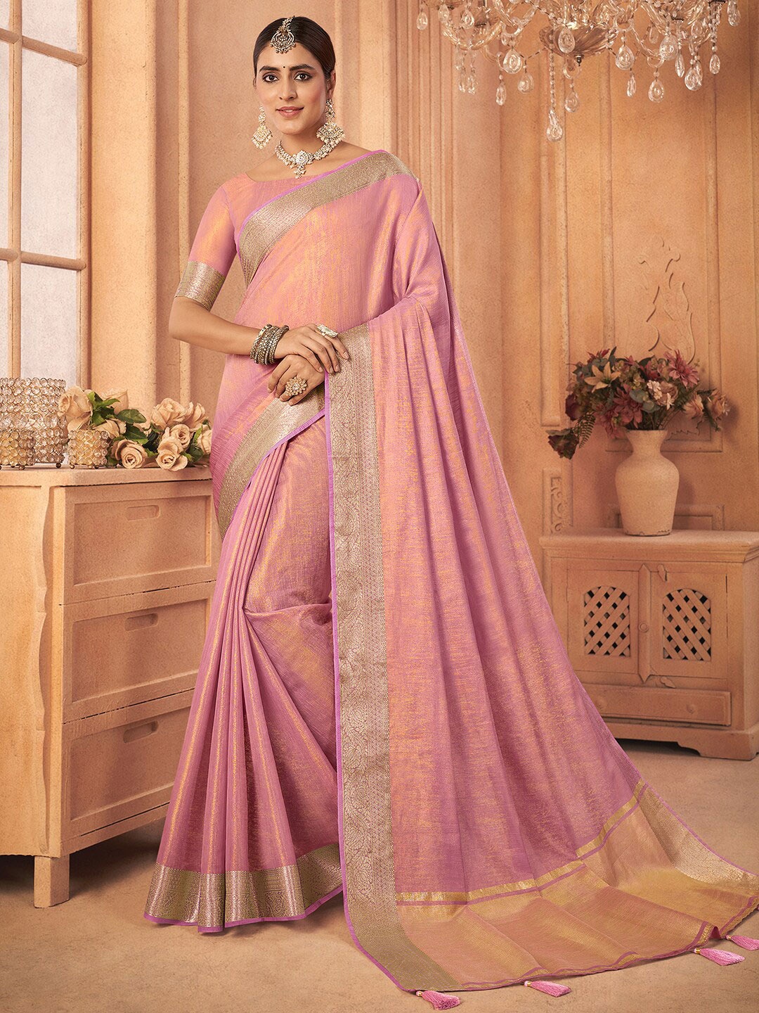 

Saree mall Zari Tissue Banarasi Sarees, Pink