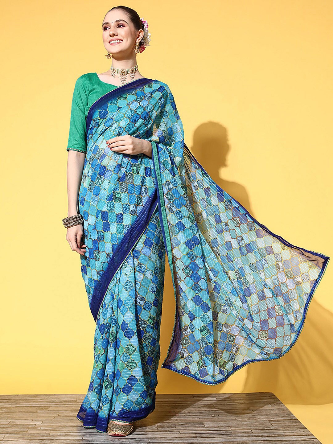 

Saree mall Abstract Printed Pure Georgette Sarees, Blue
