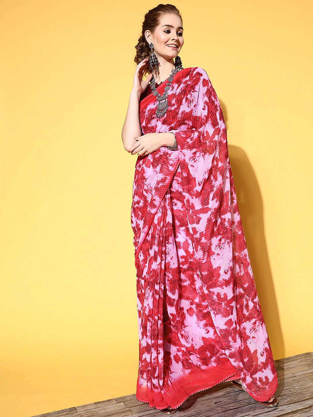 

Saree mall Abstract Printed Sequinned Pure Georgette Sarees, Red