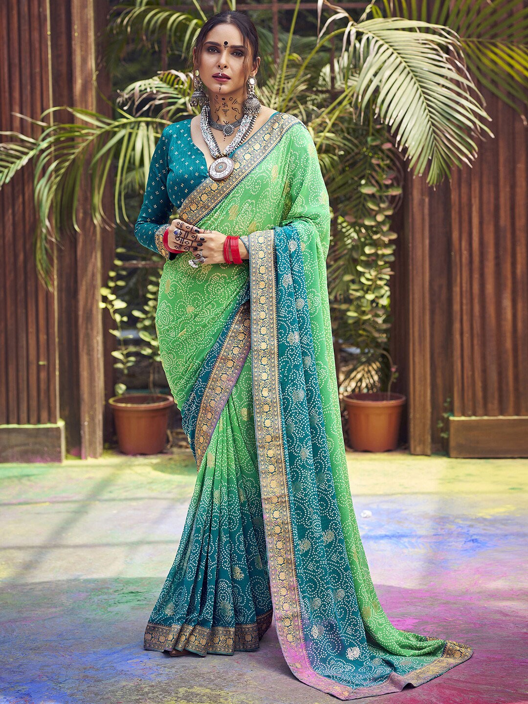 

Saree mall Bandhani Printed Zari Poly Georgette Bandhani Sarees, Sea green