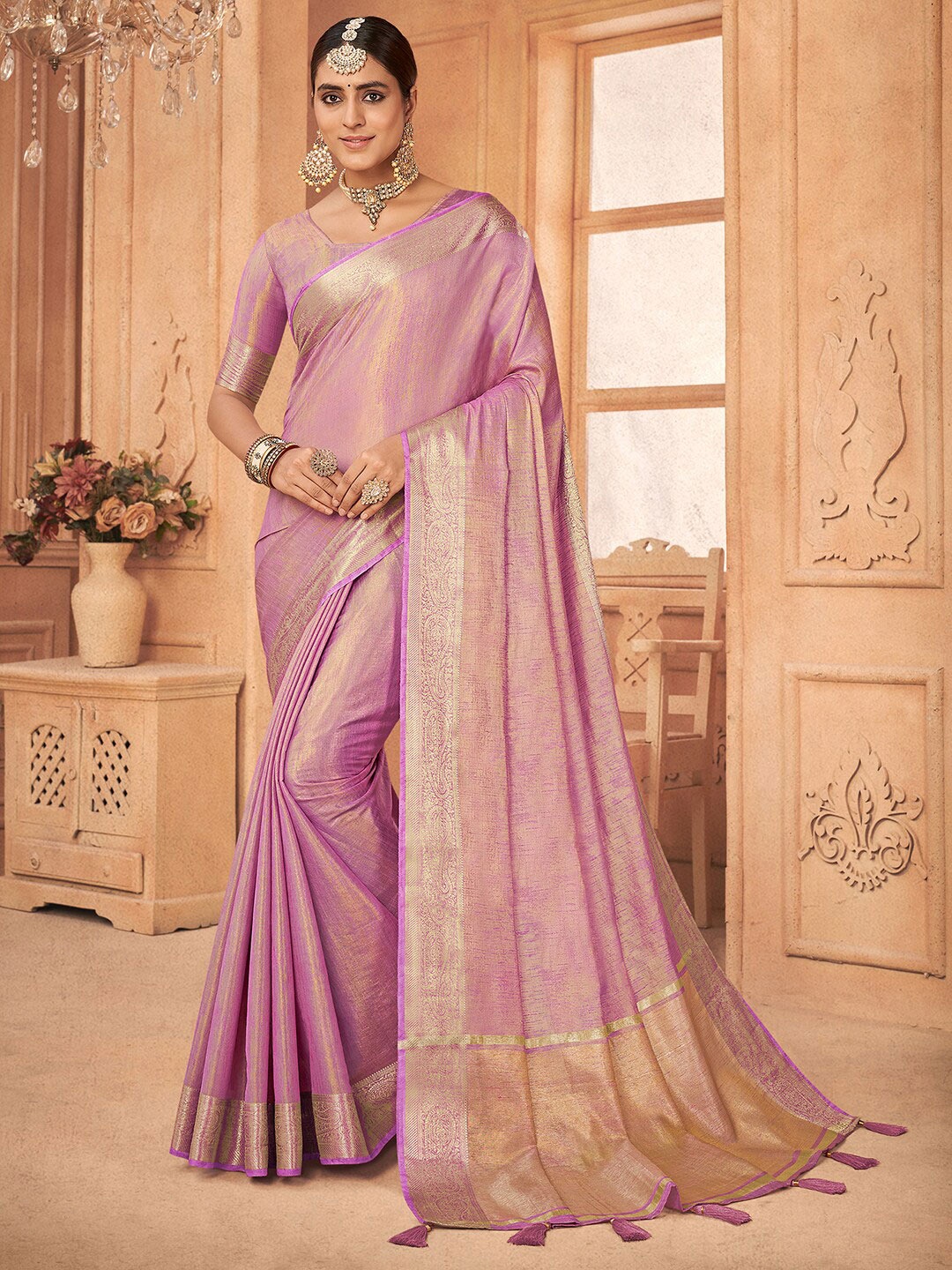 

Saree mall Mauve & Gold-Toned Tissue Banarasi Saree