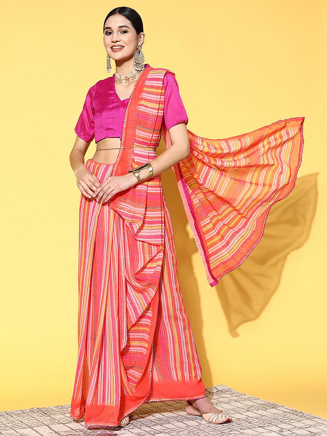 

Saree mall Striped Sequinned Pure Georgette Sarees, Pink