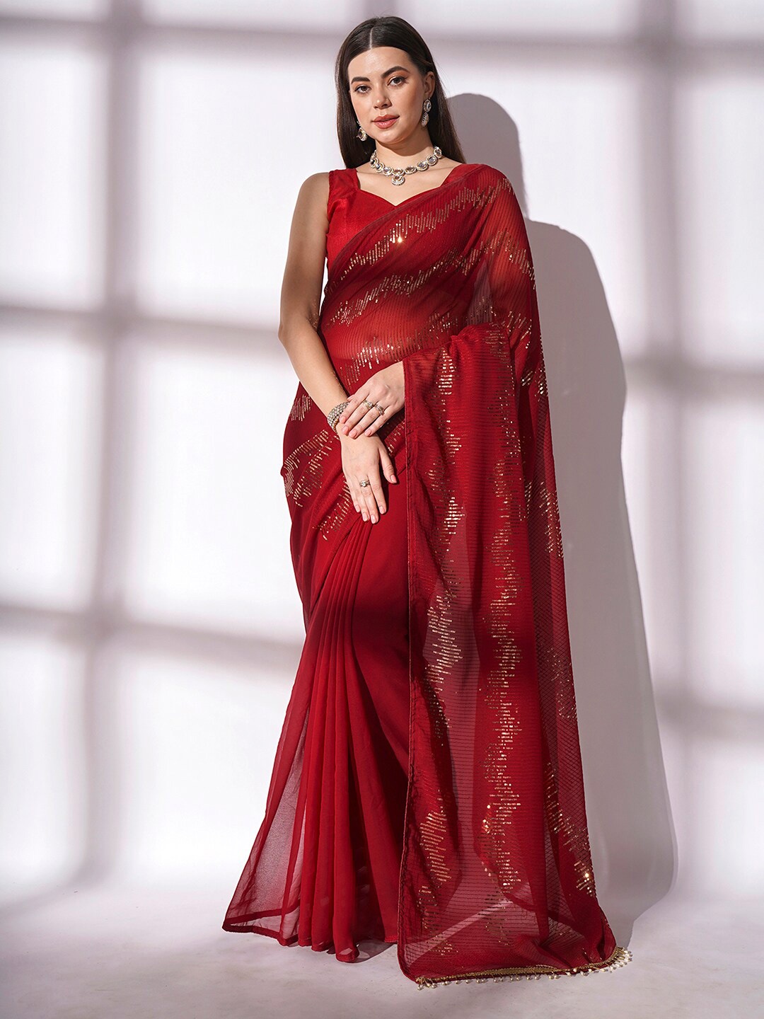 

Saree mall Red Embellished Pure Georgette Saree