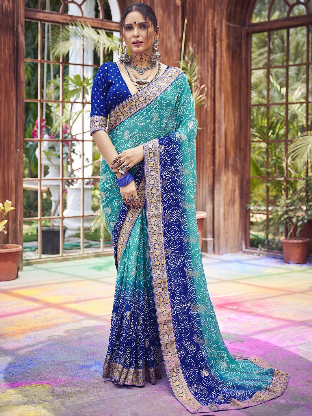 

Saree mall Bandhani Printed Poly Georgette Bandhani Sarees, Blue