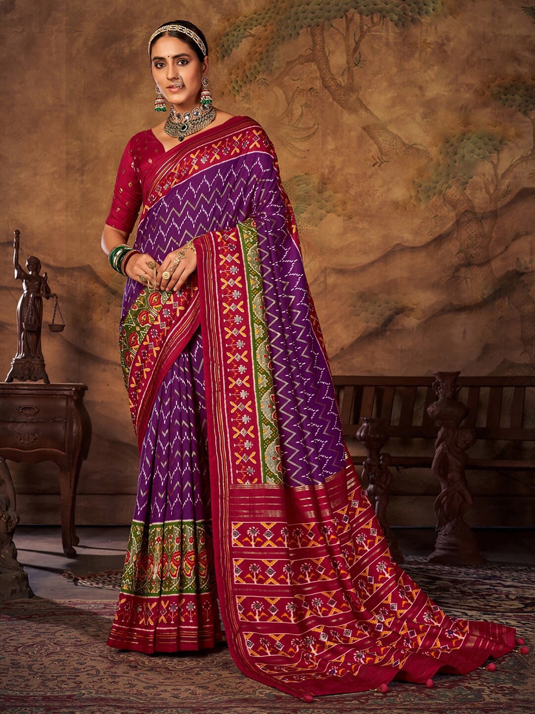 

Saree mall Purple & Red Ethnic Motifs Printed Patola Saree