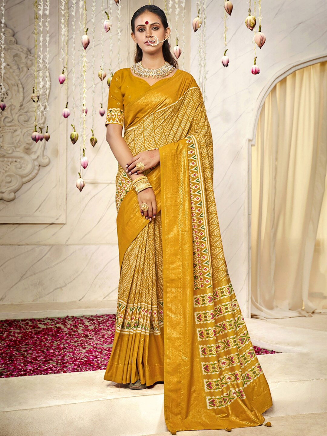 

Saree mall Mustard & Green Ethnic Motifs Printed Zari Ikat Saree