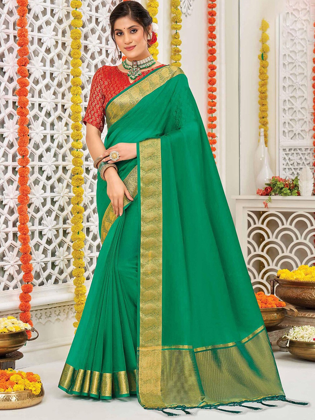 

Saree mall Woven Design Zari Organza Banarasi Sarees, Green