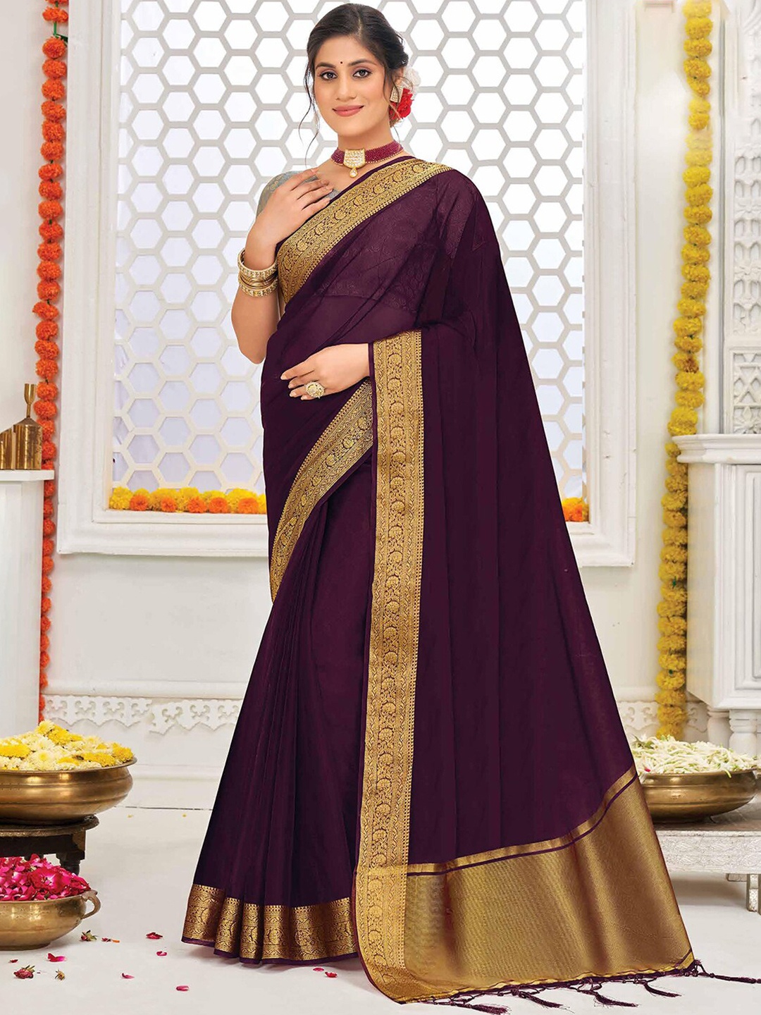 

Saree mall Zari Organza Banarasi Sarees, Purple