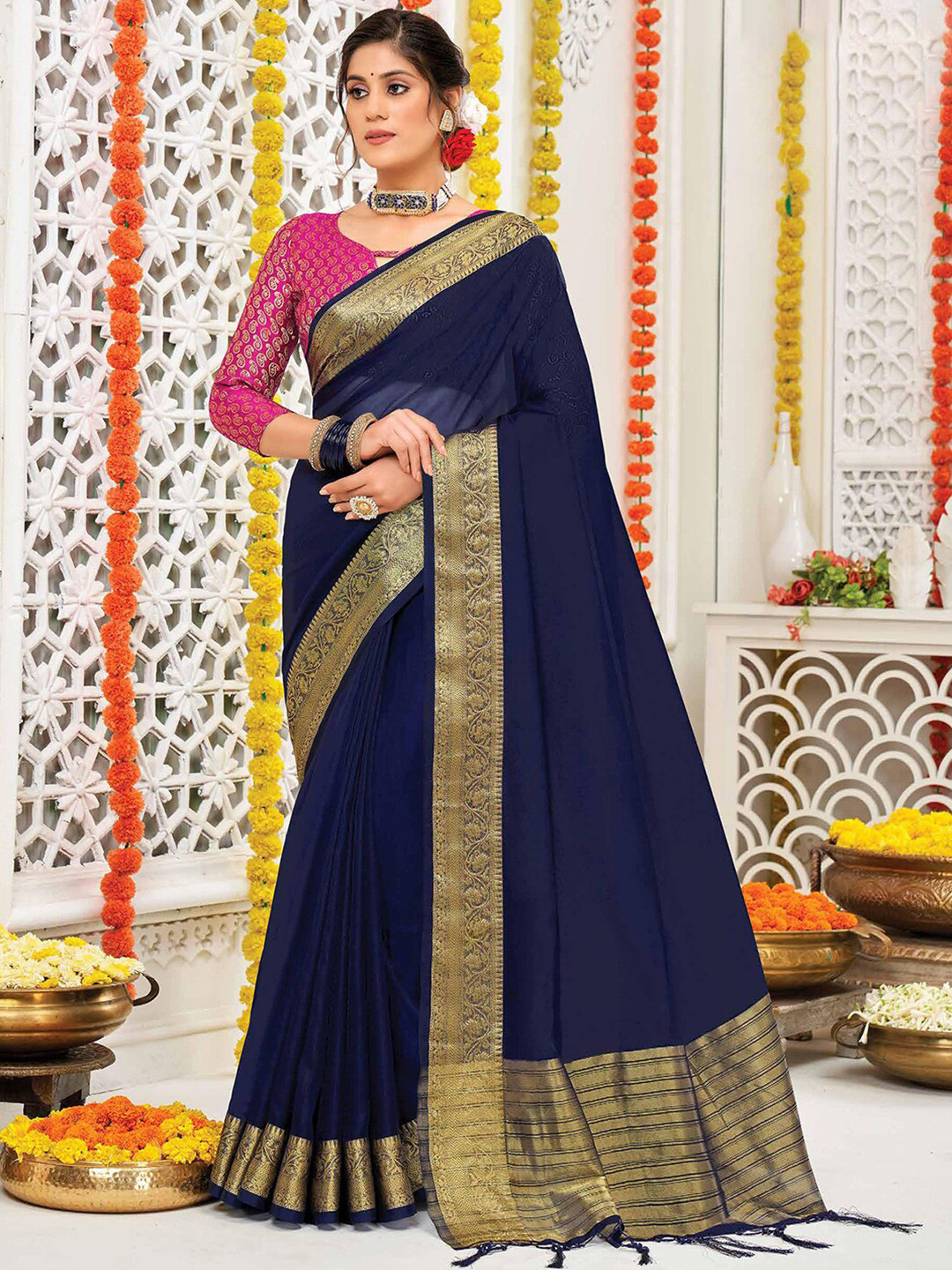 

Saree mall Zari Organza Banarasi Sarees, Navy blue