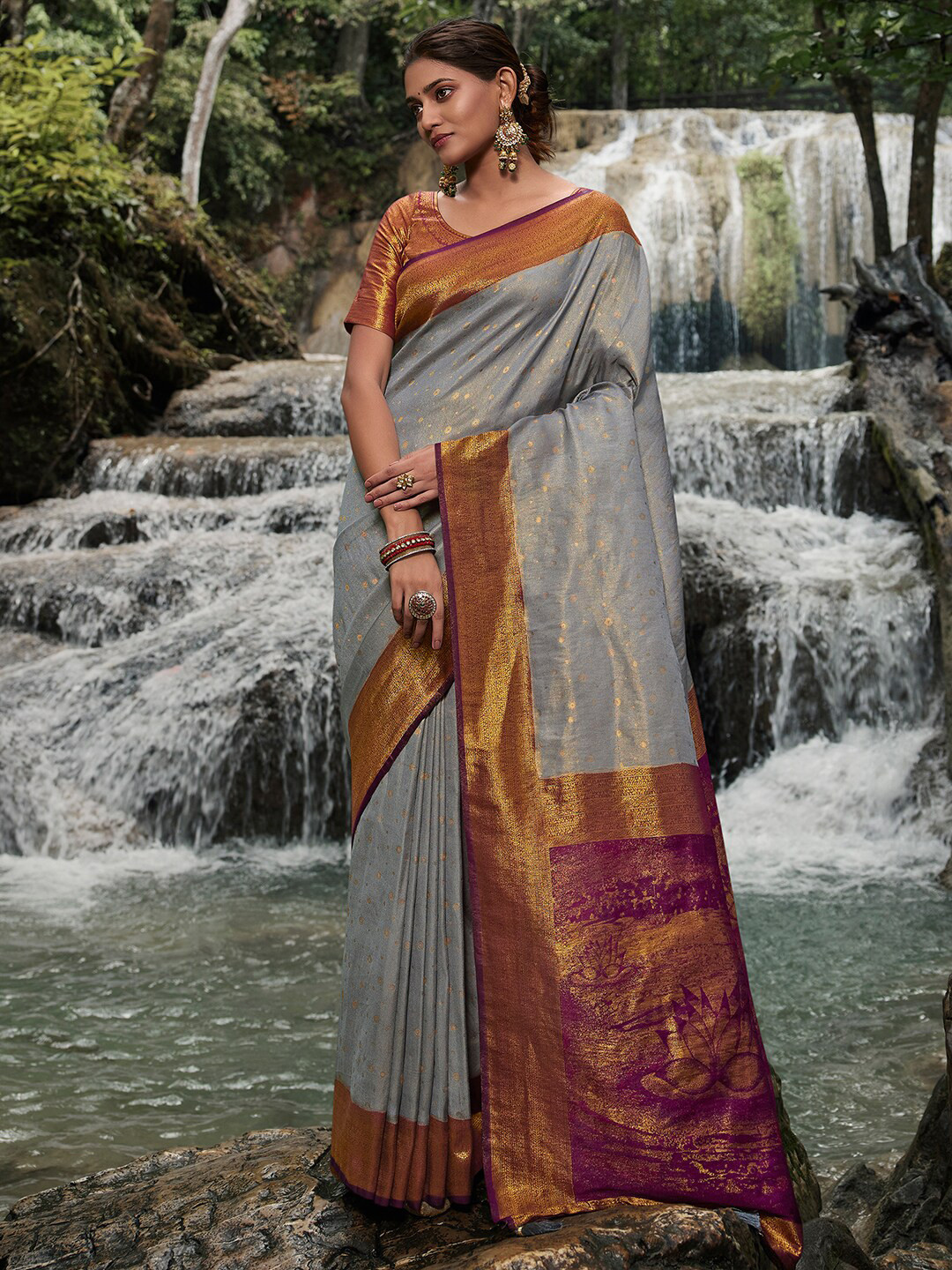 

Saree mall Ethnic Motifs Woven Design Zari Silk Blend Banarasi Sarees, Grey