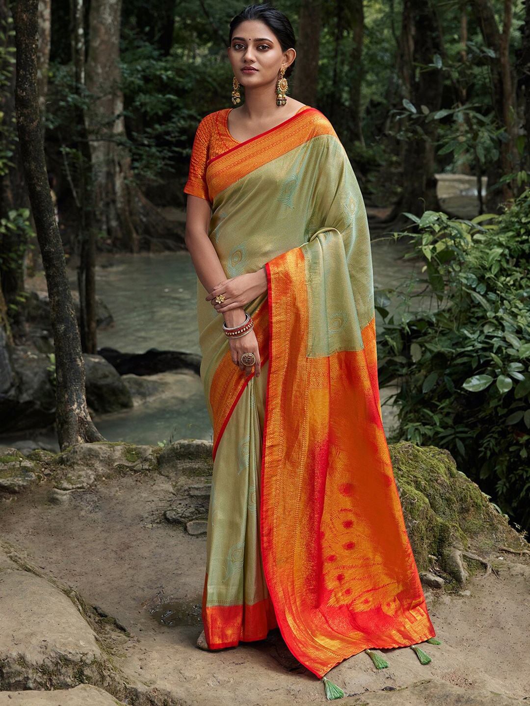 

Saree mall Ethnic Motifs Woven Design Zari Silk Blend Banarasi Sarees, Sea green