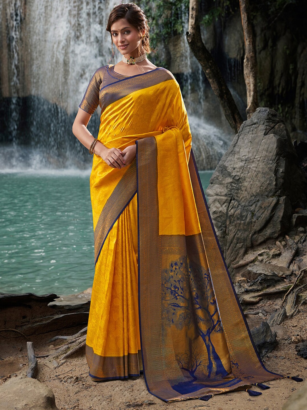 

Saree mall Yellow & Navy Blue Ethnic Woven Design Zari Banarasi Saree