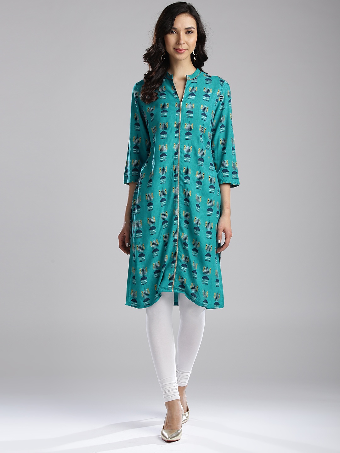 

W Women Sea Green & Navy Blue Printed Straight Kurta