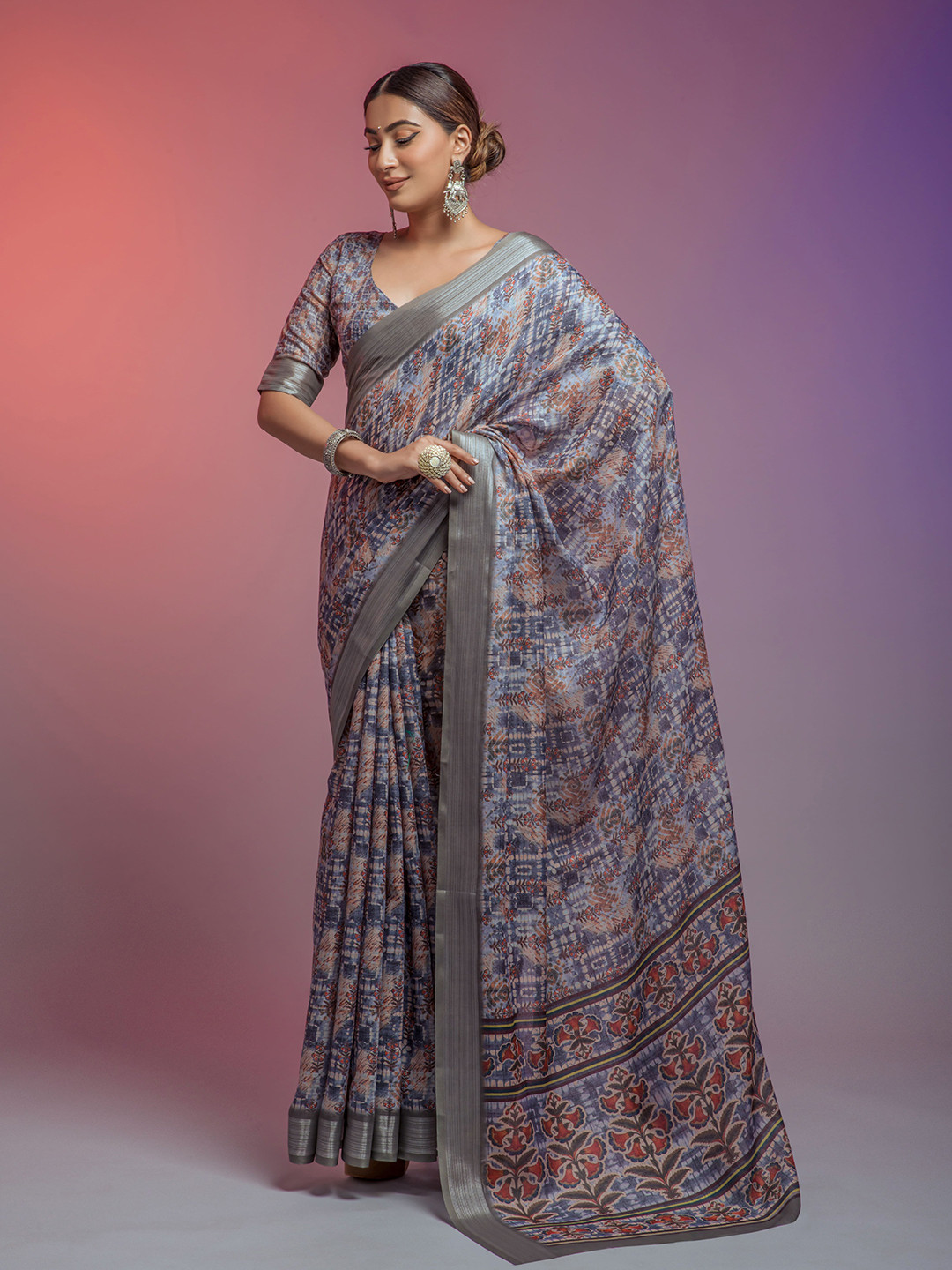 

elora Floral Printed Pure Silk Bhagalpuri Saree, Grey