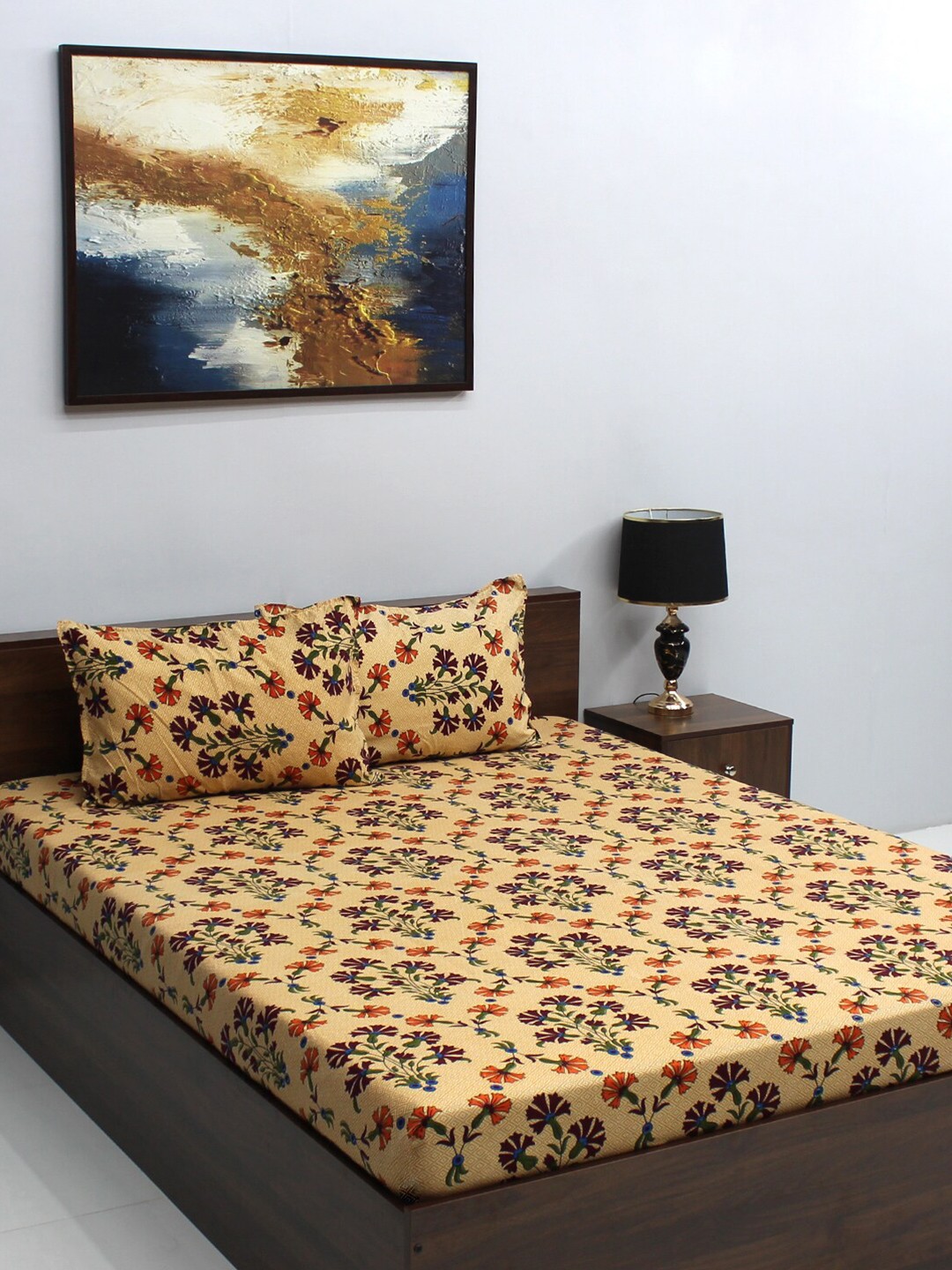 

Raymond Home Serene Orange Floral Microfiber 164 TC Queen Bedsheet With 2 Pillow Covers, Peach