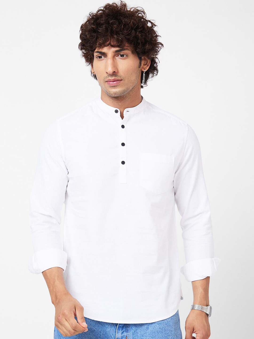 

VASTRADO Mandarin Collar Cotton A-Line Kurta, White