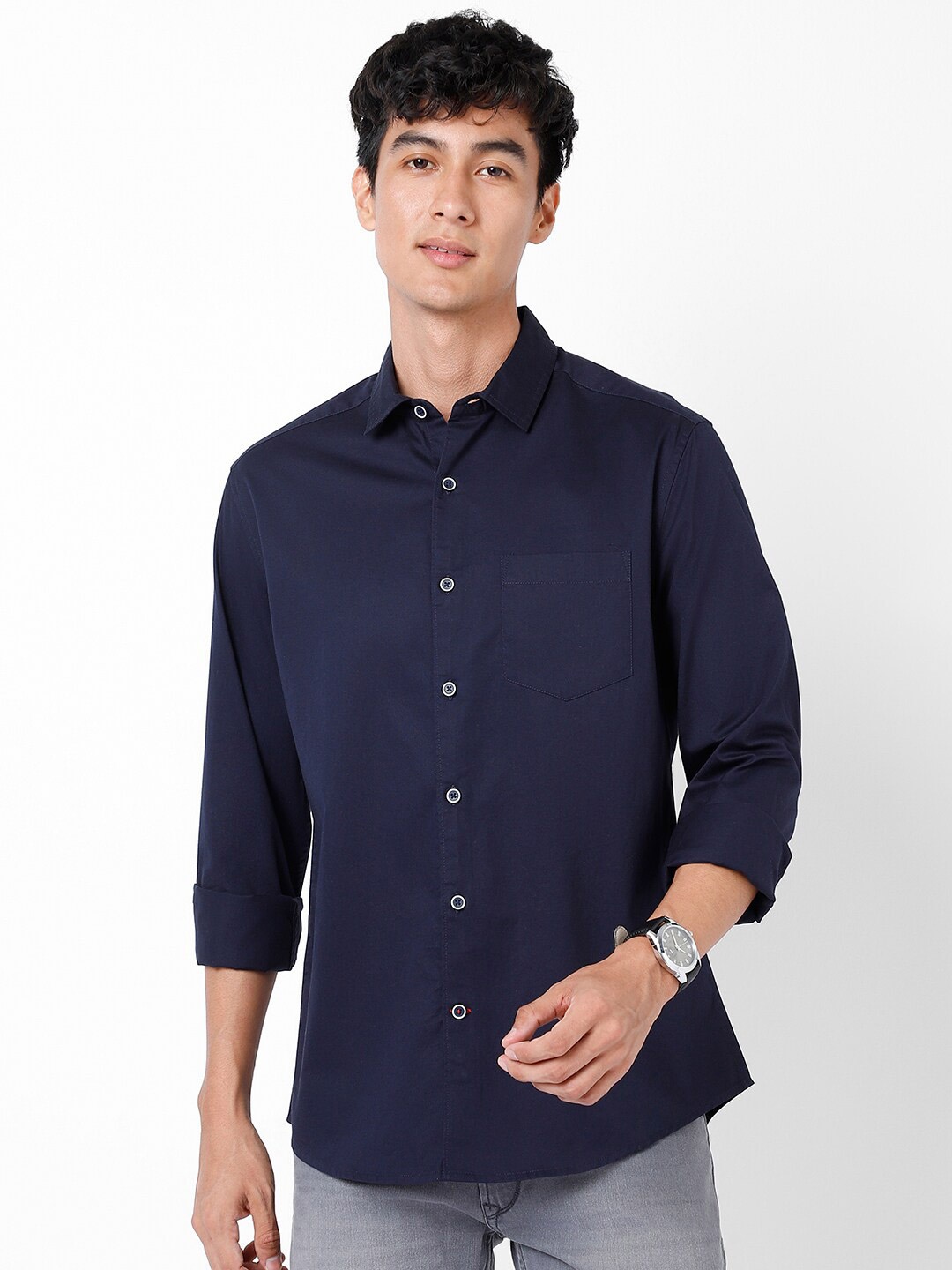 

VASTRADO Spread Collar Cotton Casual Shirt, Navy blue