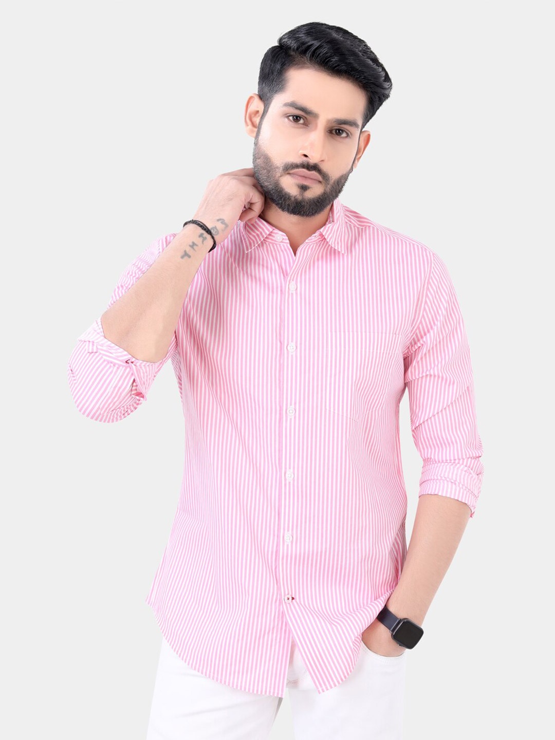 

VASTRADO Vertical Striped Cotton Casual Shirt, Pink