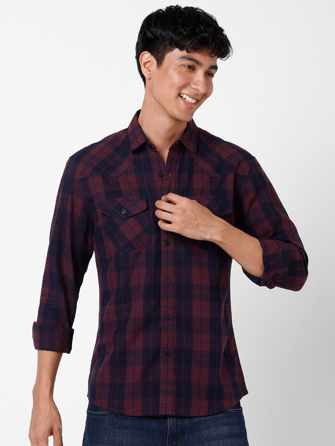 

VASTRADO Tartan Checked Cotton Casual Shirt, Maroon