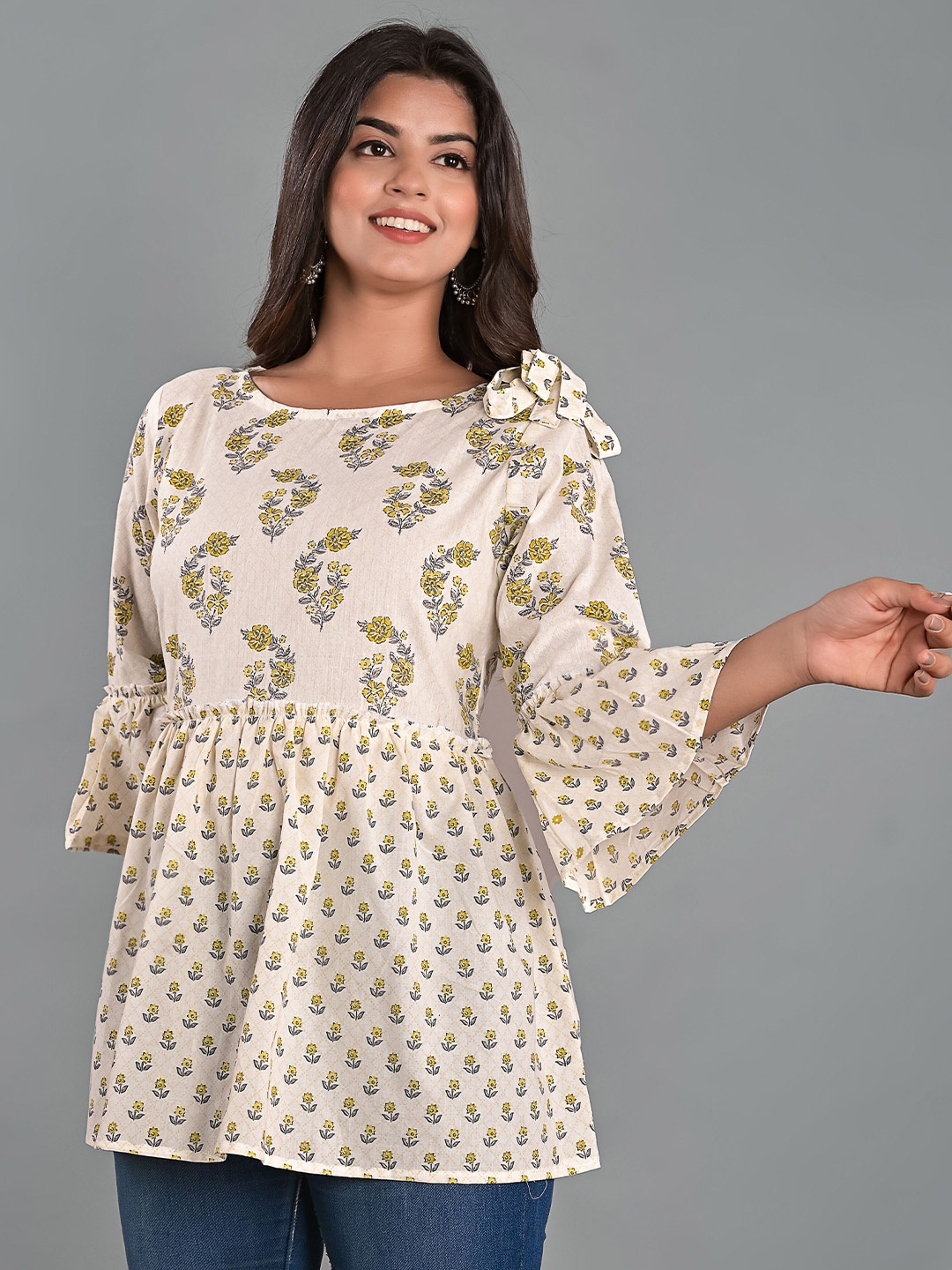

KALINI Print Bell Sleeve Cotton Top, White